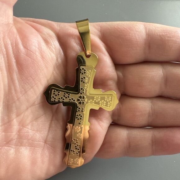 Stainless Steel Cross Pendant 24 Inch Chain Necklace Jesus Christ Faith Gold - Picture 4 of 6